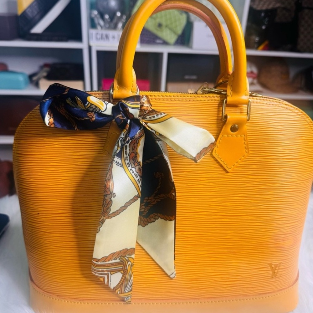 Yellow Designer Handbag with Scarf Accent